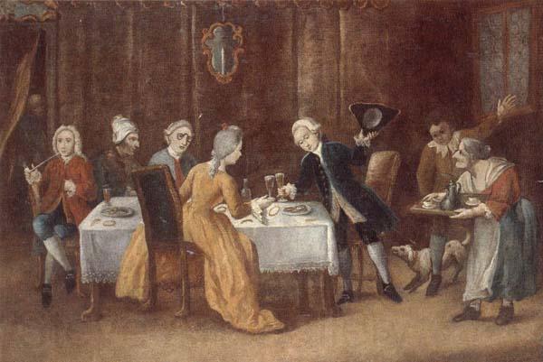 unknow artist An elegant interior with a lady and gentleman toasting,other figures drinking and smoking at the table Norge oil painting art